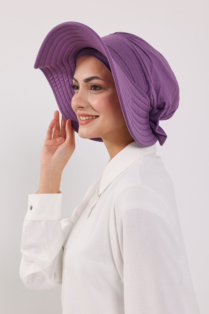 Modest Sun Protective Turban Bonnet with Removable Bow Brim for Women, 2-in-1 Hijab Hat with Removable Brim,S-4