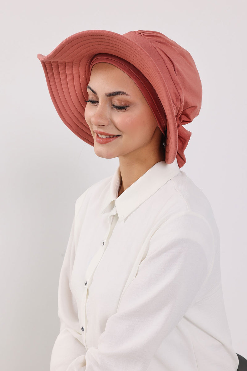 Modest Sun Protective Turban Bonnet with Removable Bow Brim for Women, 2-in-1 Hijab Hat with Removable Brim,S-4