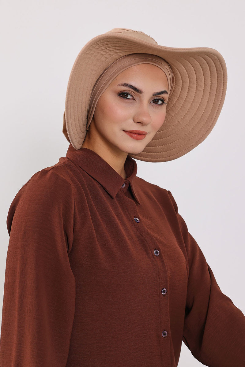 Modest Sun Protective Turban Bonnet with Removable Bow Brim for Women, 2-in-1 Hijab Hat with Removable Brim,S-4