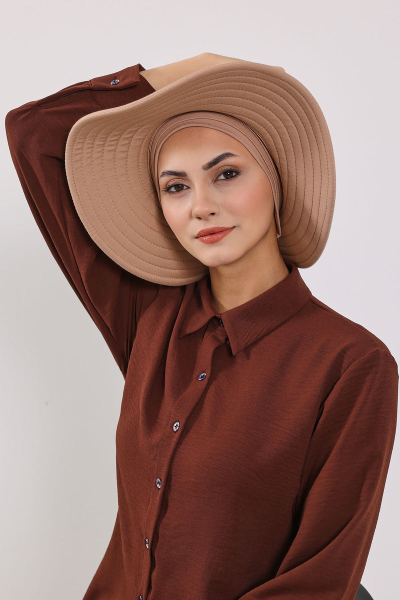 Modest Sun Protective Turban Bonnet with Removable Bow Brim for Women, 2-in-1 Hijab Hat with Removable Brim,S-4