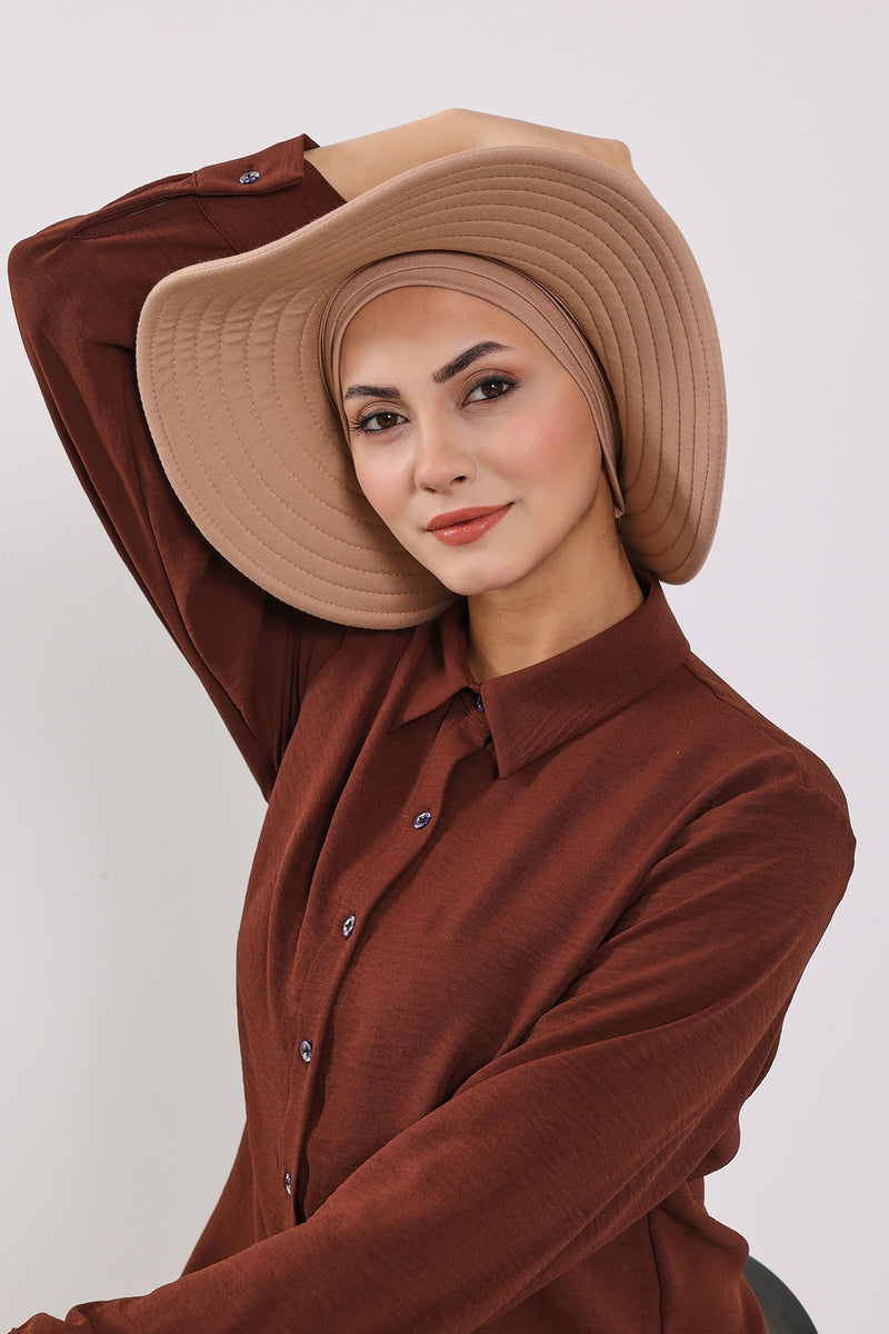 Modest Sun Protective Turban Bonnet with Removable Bow Brim for Women, 2-in-1 Hijab Hat with Removable Brim,S-4