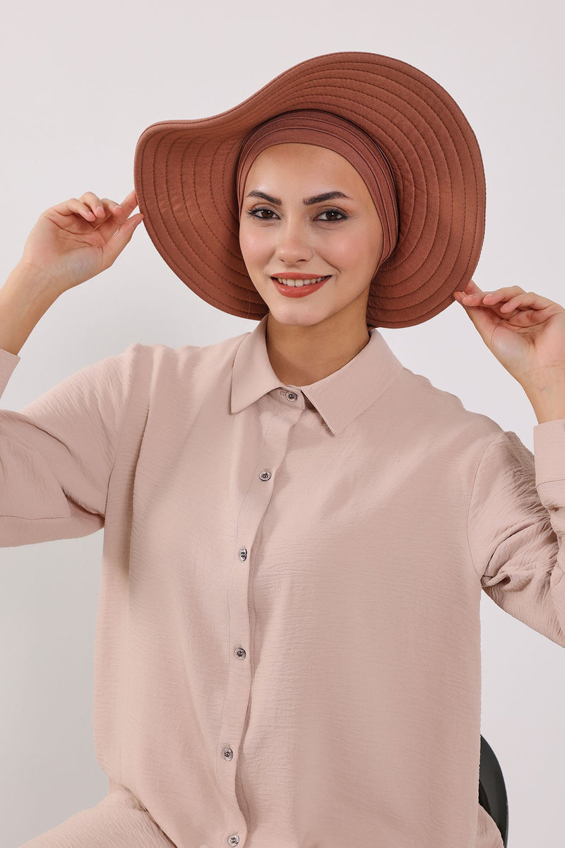 Modest Sun Protective Turban Bonnet with Removable Bow Brim for Women, 2-in-1 Hijab Hat with Removable Brim,S-4