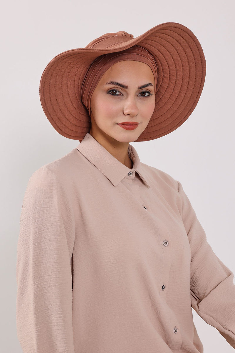 Modest Sun Protective Turban Bonnet with Removable Bow Brim for Women, 2-in-1 Hijab Hat with Removable Brim,S-4