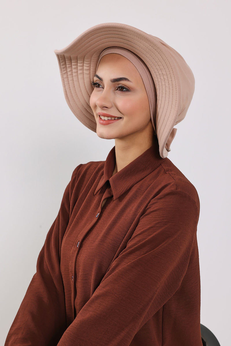 Modest Sun Protective Turban Bonnet with Removable Bow Brim for Women, 2-in-1 Hijab Hat with Removable Brim,S-4