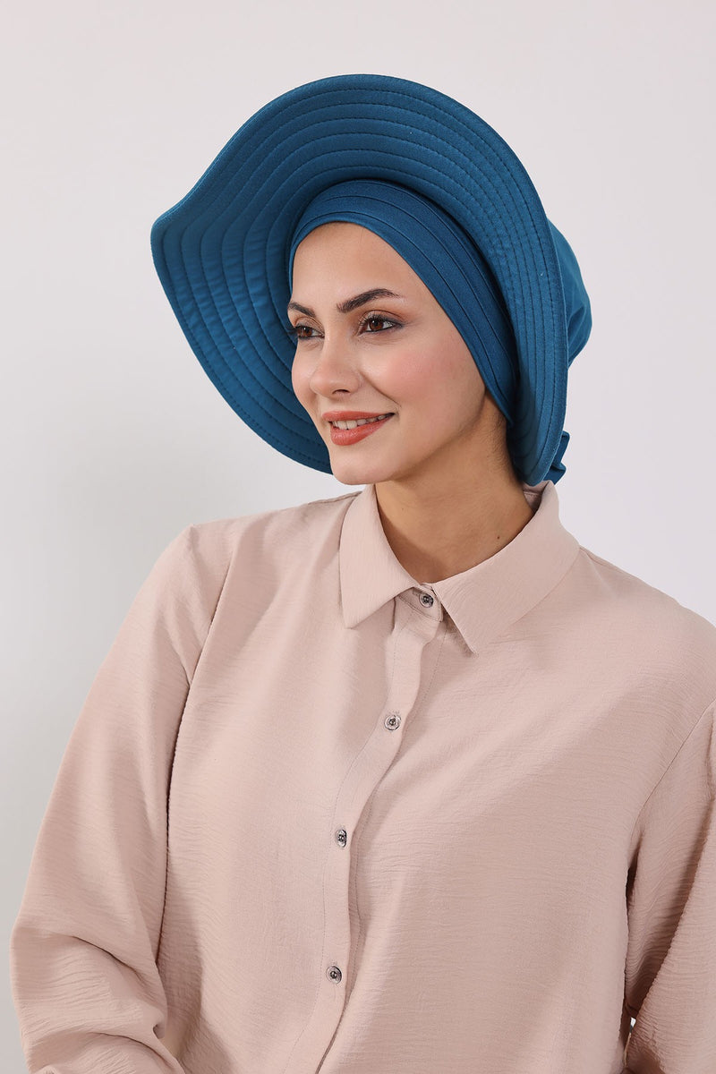 Modest Sun Protective Turban Bonnet with Removable Bow Brim for Women, 2-in-1 Hijab Hat with Removable Brim,S-4