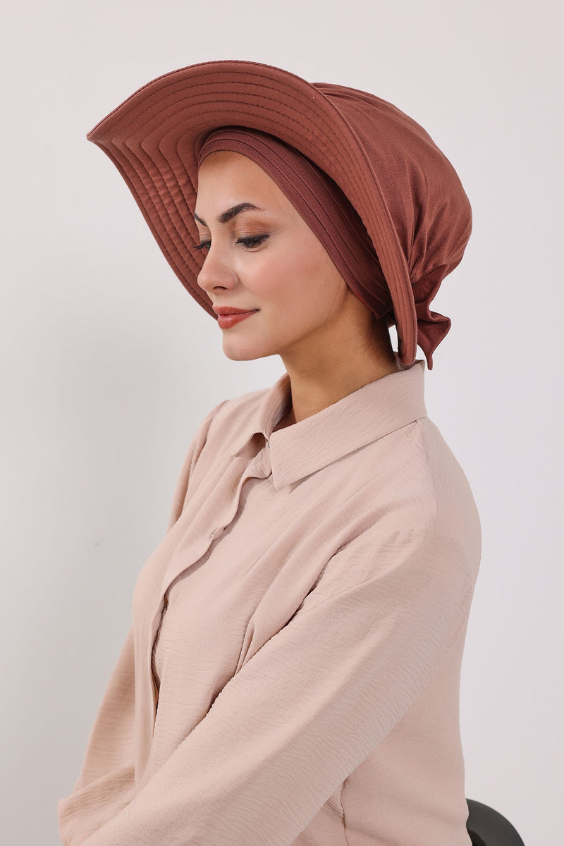 Modest Sun Protective Turban Bonnet with Removable Bow Brim for Women, 2-in-1 Hijab Hat with Removable Brim,S-4
