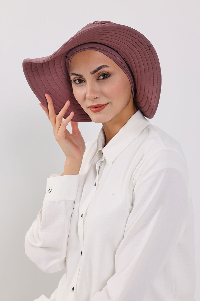 Modest Sun Protective Turban Bonnet with Removable Bow Brim for Women, 2-in-1 Hijab Hat with Removable Brim,S-4