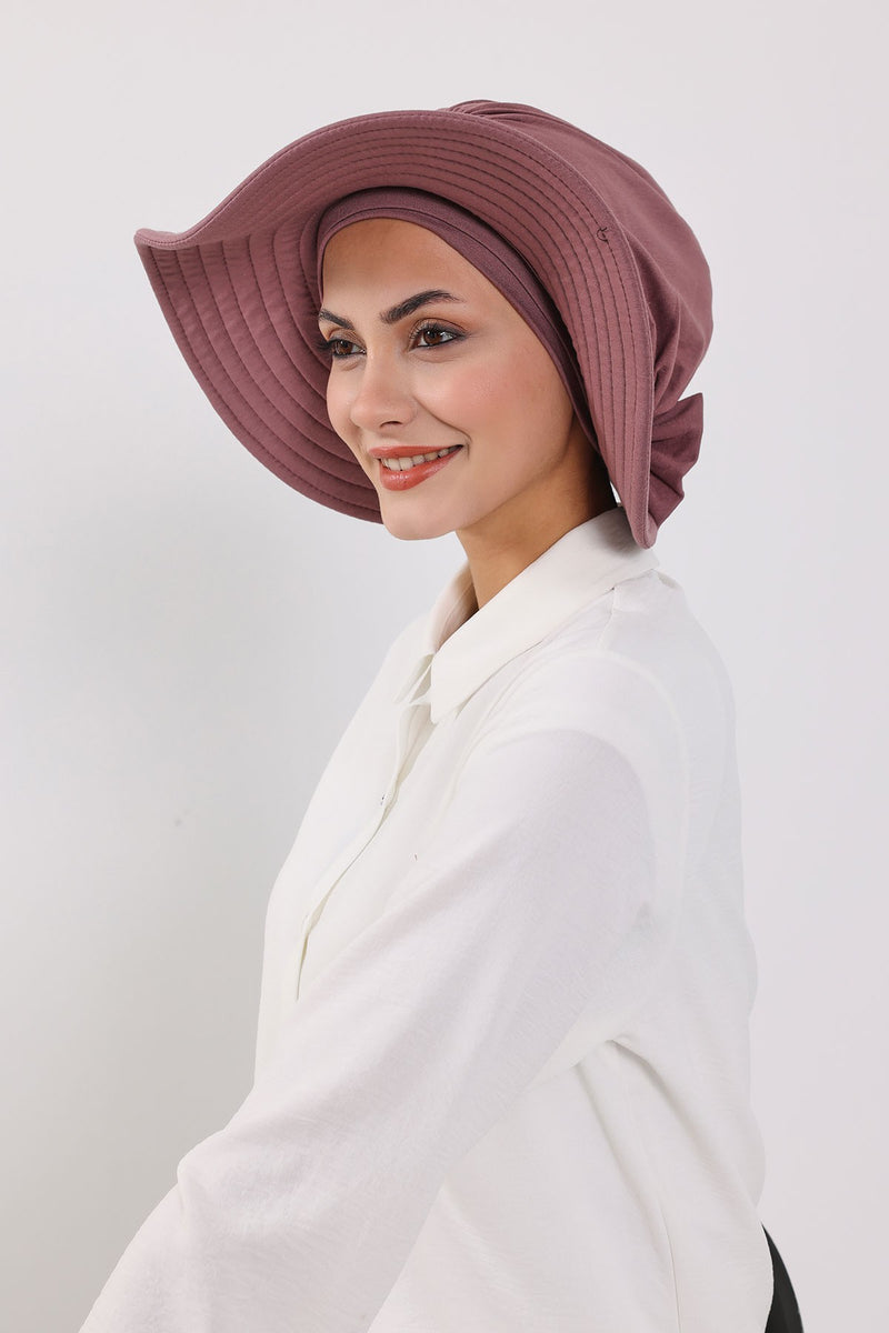 Modest Sun Protective Turban Bonnet with Removable Bow Brim for Women, 2-in-1 Hijab Hat with Removable Brim,S-4