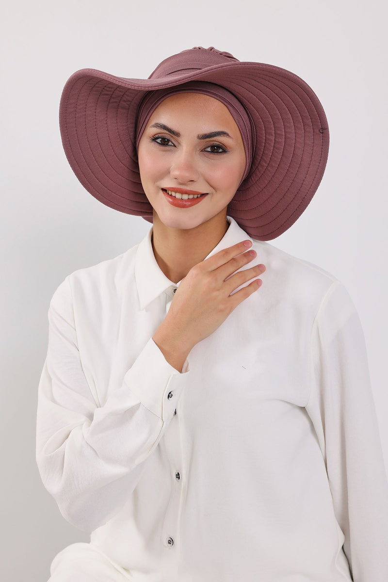 Modest Sun Protective Turban Bonnet with Removable Bow Brim for Women, 2-in-1 Hijab Hat with Removable Brim,S-4