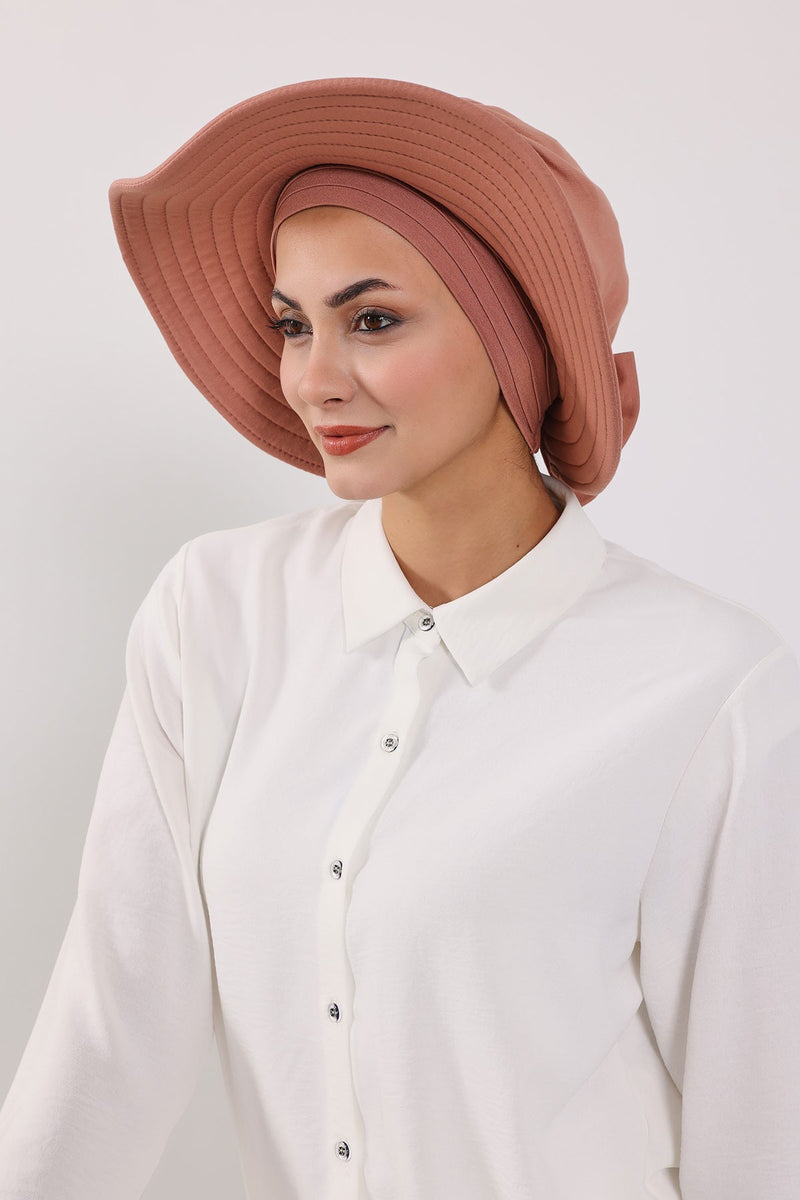 Modest Sun Protective Turban Bonnet with Removable Bow Brim for Women, 2-in-1 Hijab Hat with Removable Brim,S-4