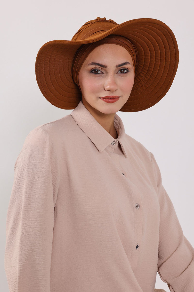 Modest Sun Protective Turban Bonnet with Removable Bow Brim for Women, 2-in-1 Hijab Hat with Removable Brim,S-4