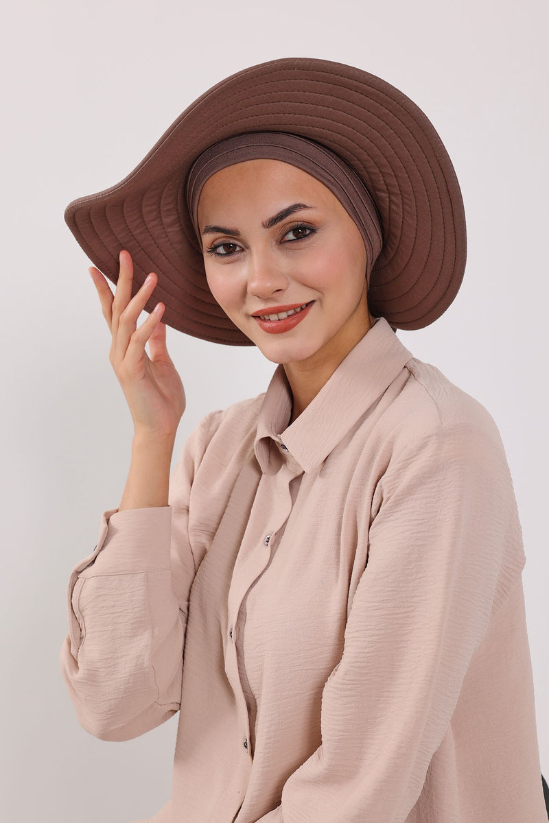 Modest Sun Protective Turban Bonnet with Removable Bow Brim for Women, 2-in-1 Hijab Hat with Removable Brim,S-4
