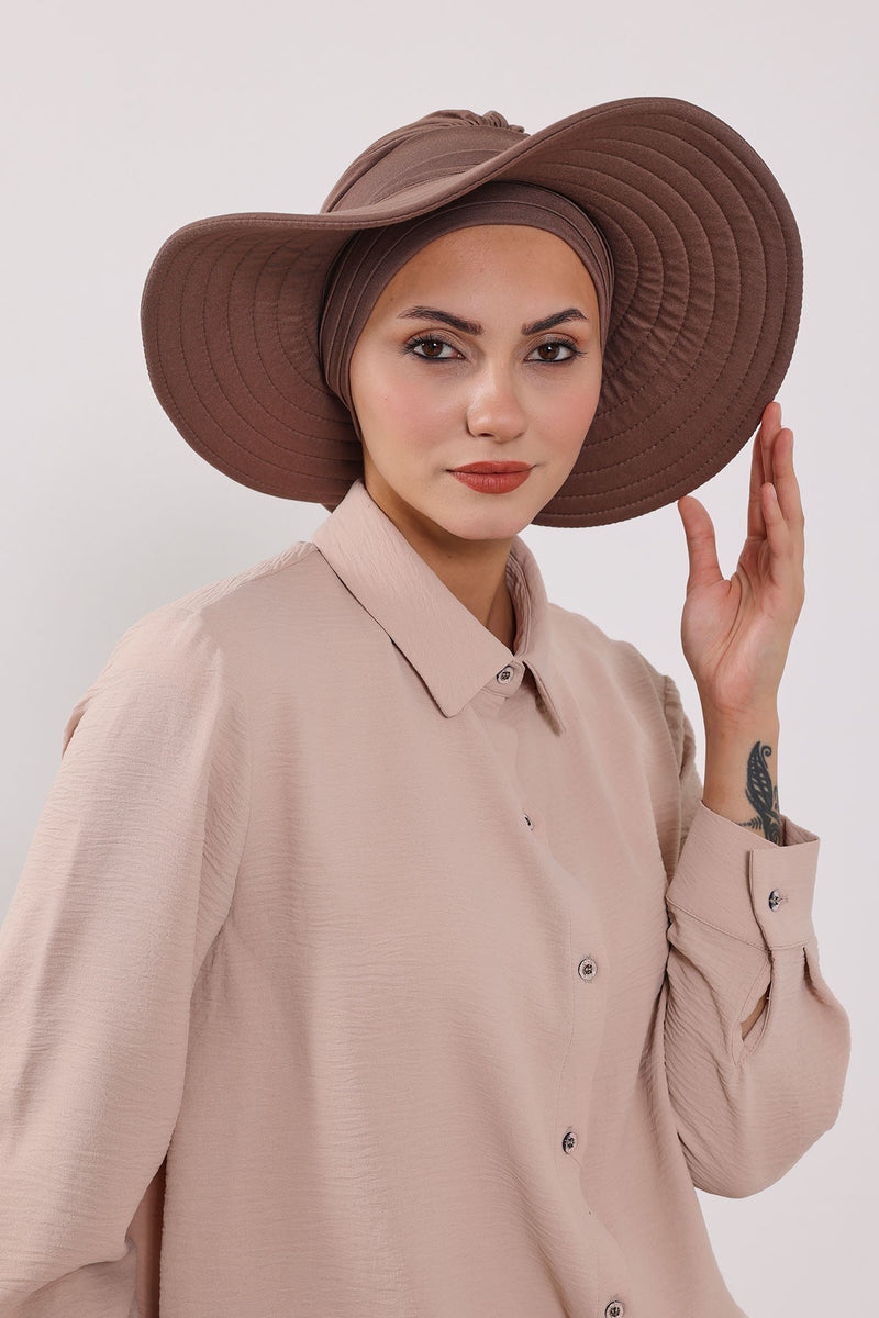 Modest Sun Protective Turban Bonnet with Removable Bow Brim for Women, 2-in-1 Hijab Hat with Removable Brim,S-4