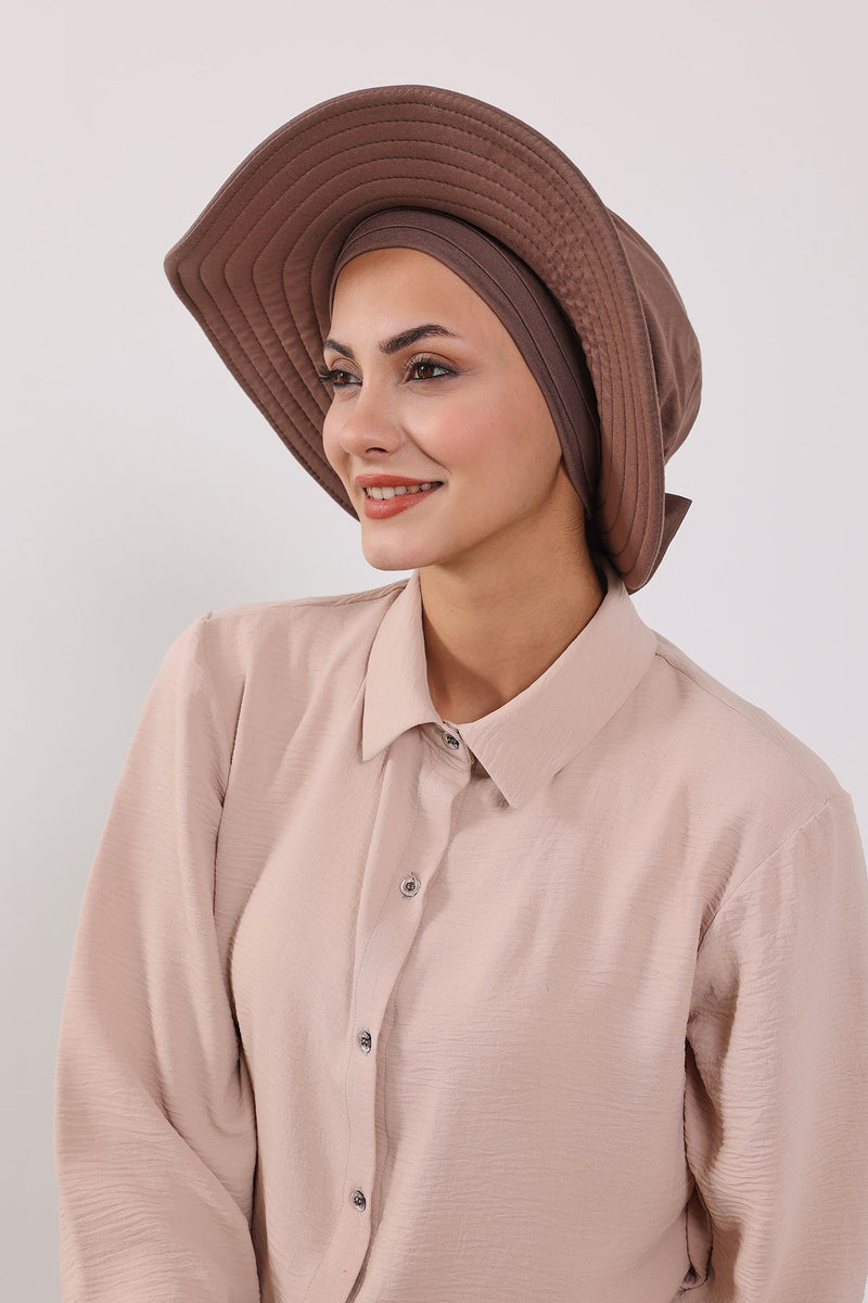 Modest Sun Protective Turban Bonnet with Removable Bow Brim for Women, 2-in-1 Hijab Hat with Removable Brim,S-4
