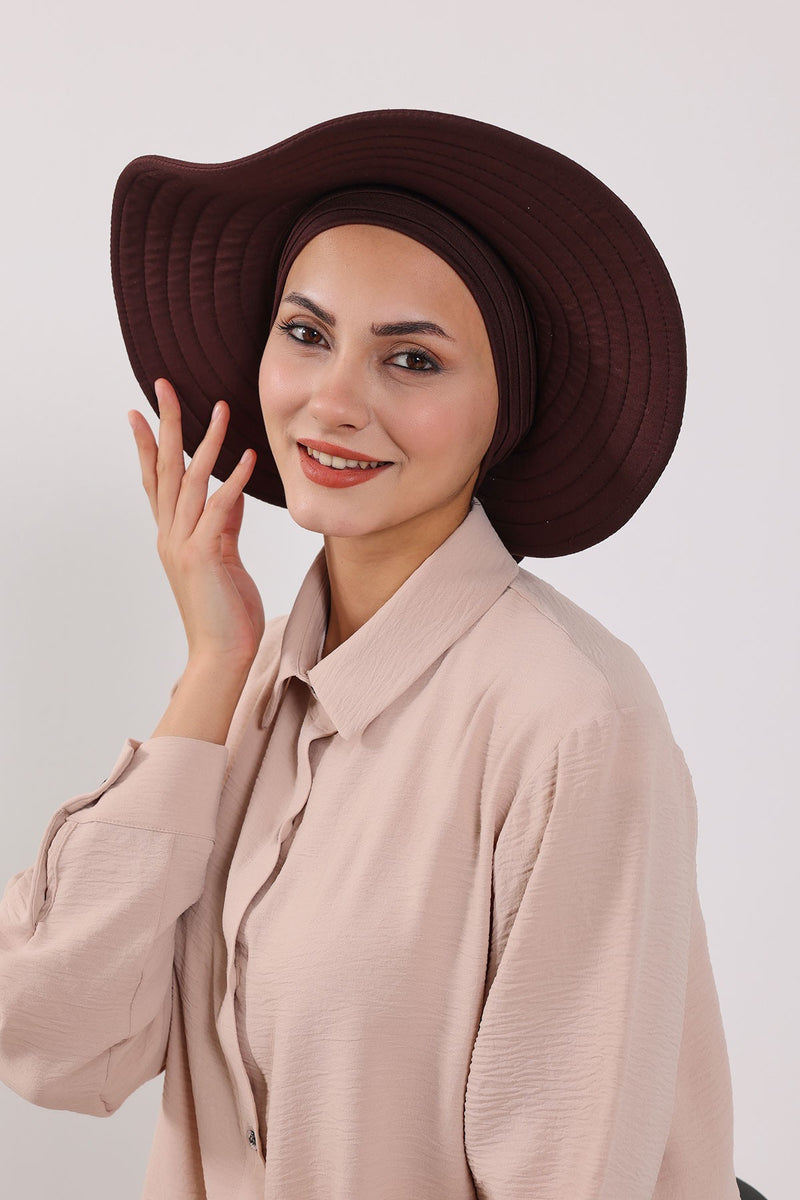 Modest Sun Protective Turban Bonnet with Removable Bow Brim for Women, 2-in-1 Hijab Hat with Removable Brim,S-4