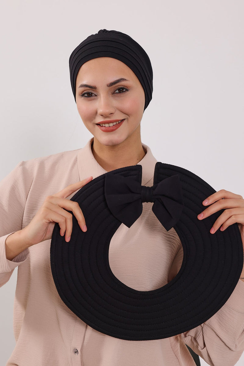 Modest Sun Protective Turban Bonnet with Removable Bow Brim for Women, 2-in-1 Hijab Hat with Removable Brim,S-4