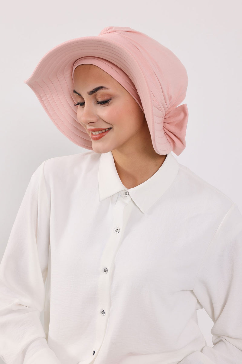 Modest Sun Protective Turban Bonnet with Removable Bow Brim for Women, 2-in-1 Hijab Hat with Removable Brim,S-4