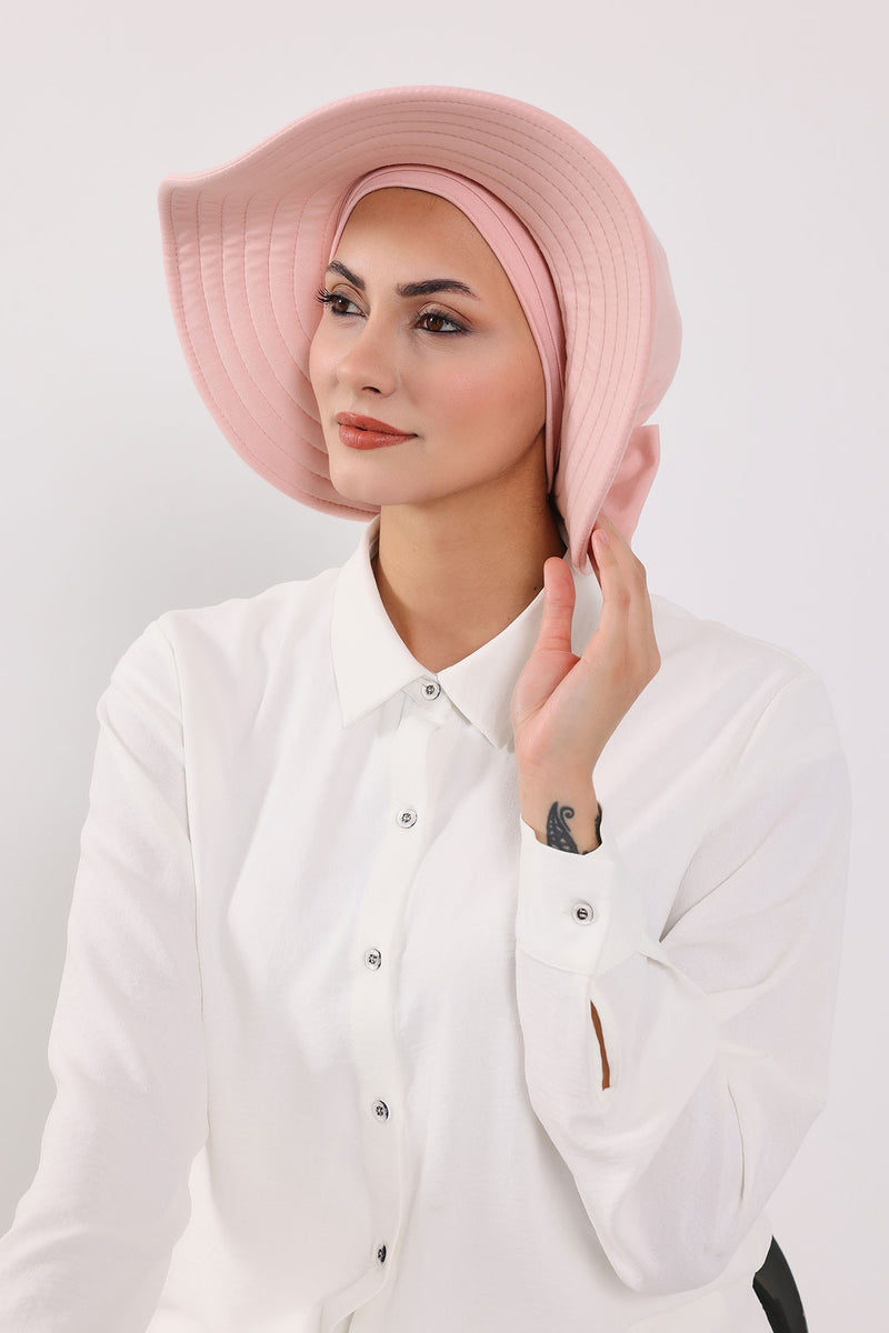 Modest Sun Protective Turban Bonnet with Removable Bow Brim for Women, 2-in-1 Hijab Hat with Removable Brim,S-4