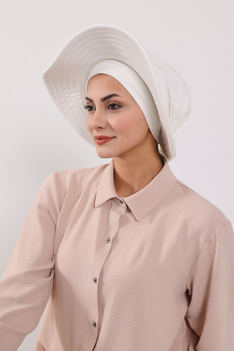 Modest Sun Protective Turban Bonnet with Removable Bow Brim for Women, 2-in-1 Hijab Hat with Removable Brim,S-4