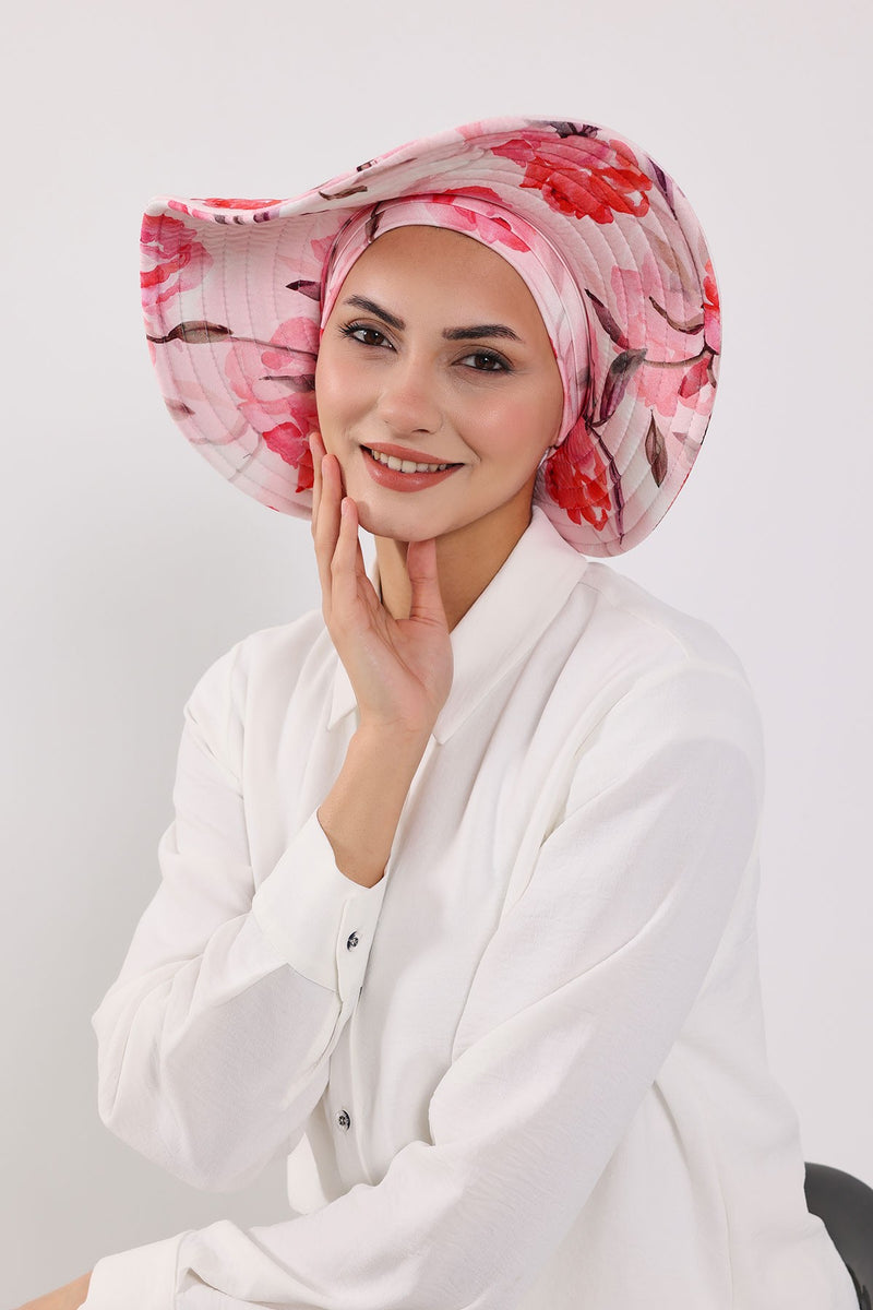 Printed Modest Sun Protective Turban Bonnet with Removable Bow Brim for Women, 2-in-1 Hijab Hat with Removable Brim with Patterns,S-4YD