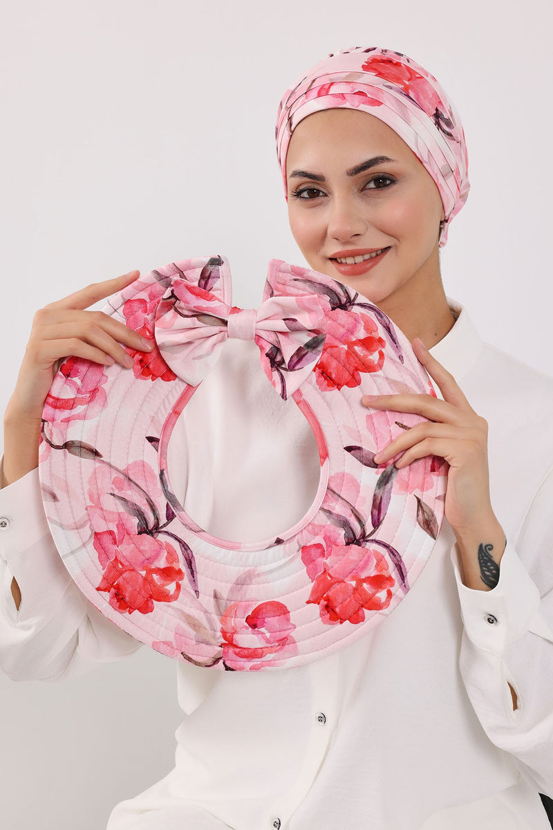Printed Modest Sun Protective Turban Bonnet with Removable Bow Brim for Women, 2-in-1 Hijab Hat with Removable Brim with Patterns,S-4YD