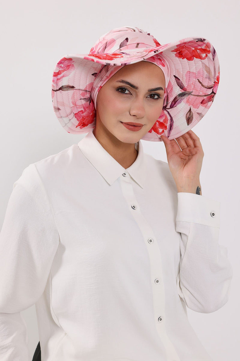 Printed Modest Sun Protective Turban Bonnet with Removable Bow Brim for Women, 2-in-1 Hijab Hat with Removable Brim with Patterns,S-4YD
