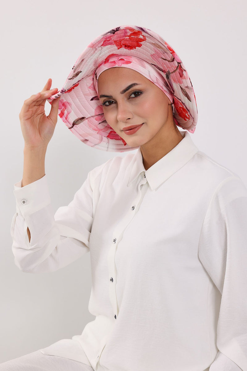 Printed Modest Sun Protective Turban Bonnet with Removable Bow Brim for Women, 2-in-1 Hijab Hat with Removable Brim with Patterns,S-4YD