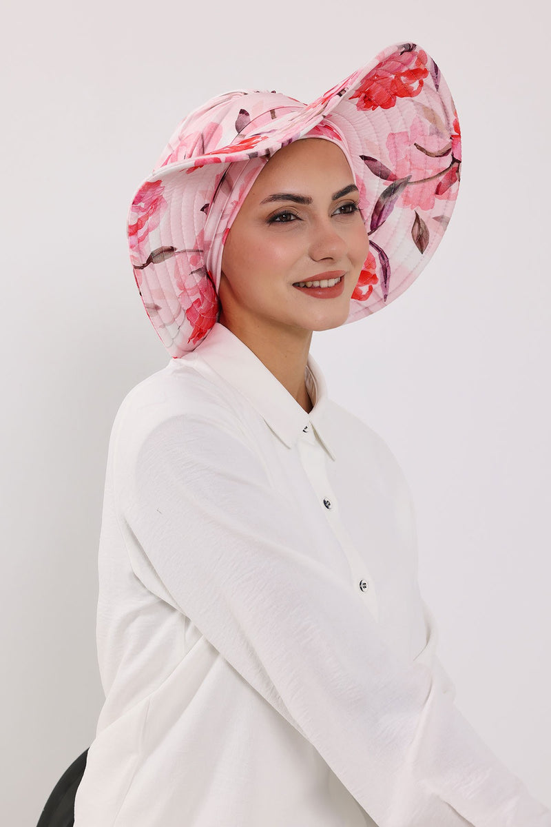 Printed Modest Sun Protective Turban Bonnet with Removable Bow Brim for Women, 2-in-1 Hijab Hat with Removable Brim with Patterns,S-4YD