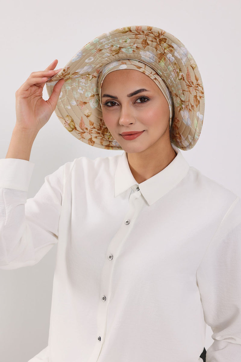 Printed Modest Sun Protective Turban Bonnet with Removable Bow Brim for Women, 2-in-1 Hijab Hat with Removable Brim with Patterns,S-4YD