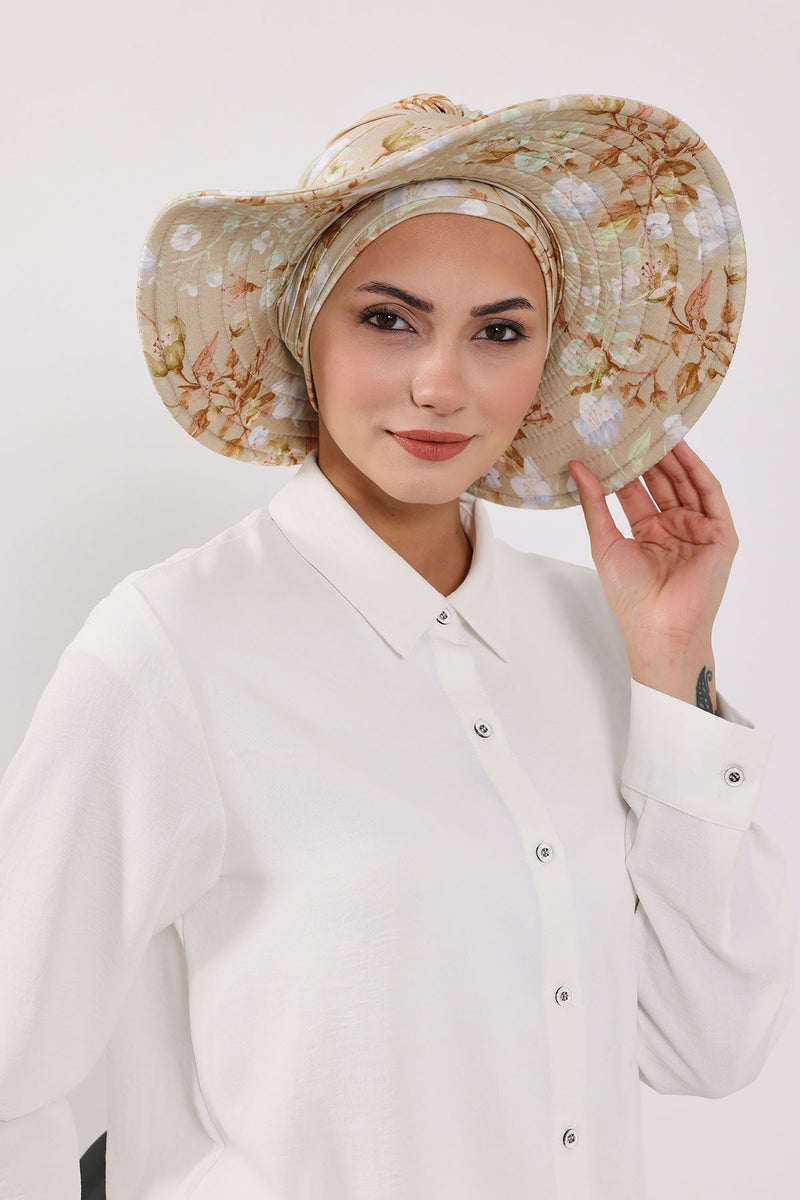 Printed Modest Sun Protective Turban Bonnet with Removable Bow Brim for Women, 2-in-1 Hijab Hat with Removable Brim with Patterns,S-4YD