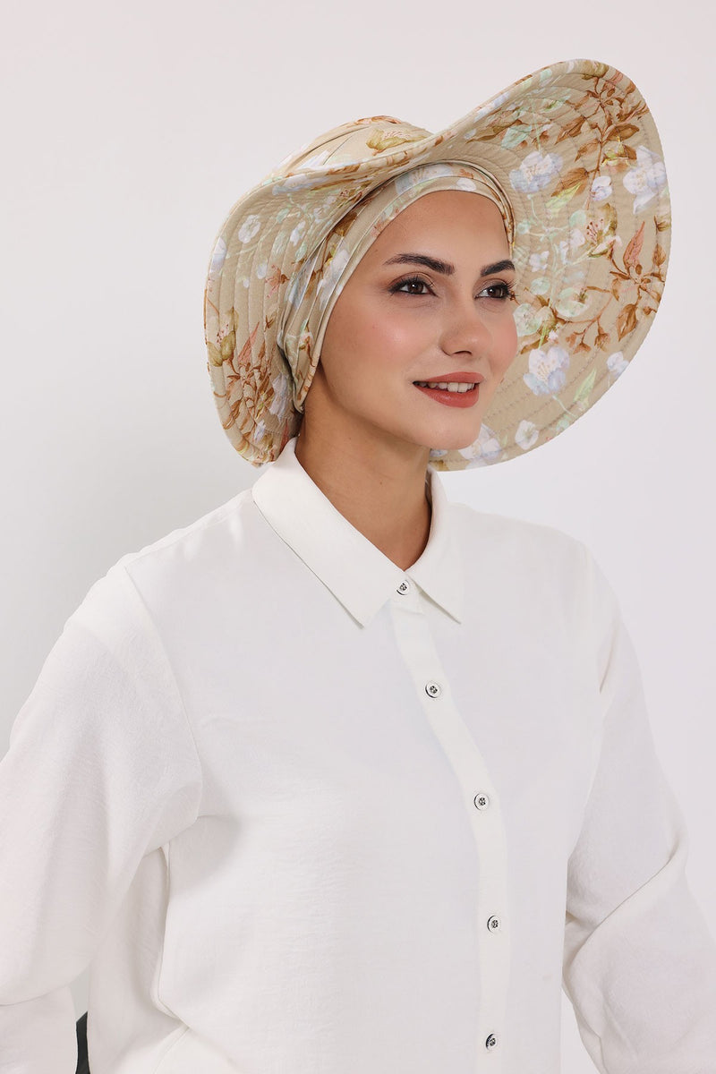 Printed Modest Sun Protective Turban Bonnet with Removable Bow Brim for Women, 2-in-1 Hijab Hat with Removable Brim with Patterns,S-4YD