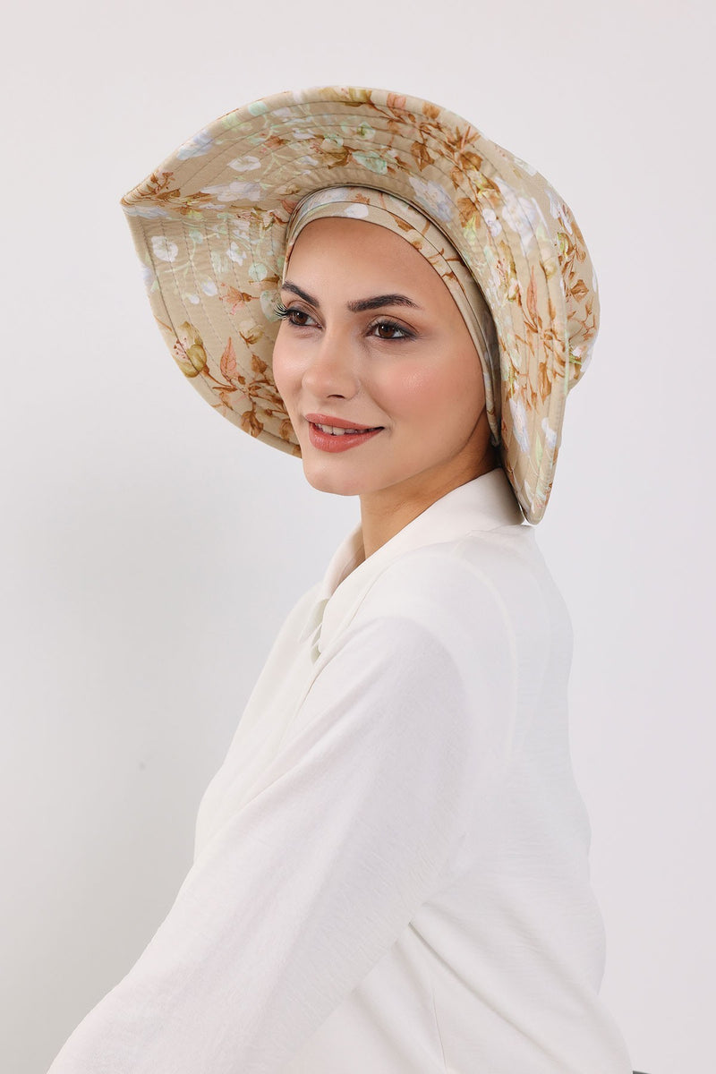 Printed Modest Sun Protective Turban Bonnet with Removable Bow Brim for Women, 2-in-1 Hijab Hat with Removable Brim with Patterns,S-4YD