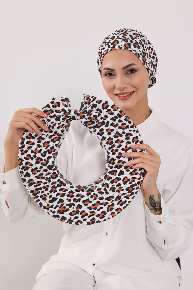 Printed Modest Sun Protective Turban Bonnet with Removable Bow Brim for Women, 2-in-1 Hijab Hat with Removable Brim with Patterns,S-4YD