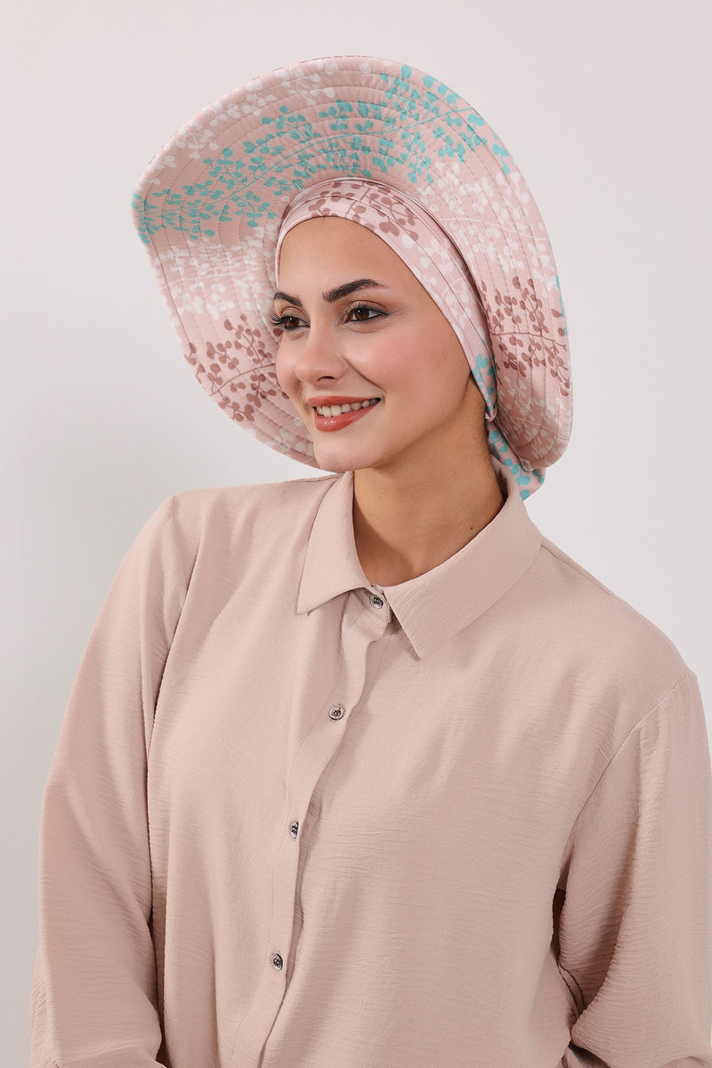 Printed Modest Sun Protective Turban Bonnet with Removable Bow Brim for Women, 2-in-1 Hijab Hat with Removable Brim with Patterns,S-4YD