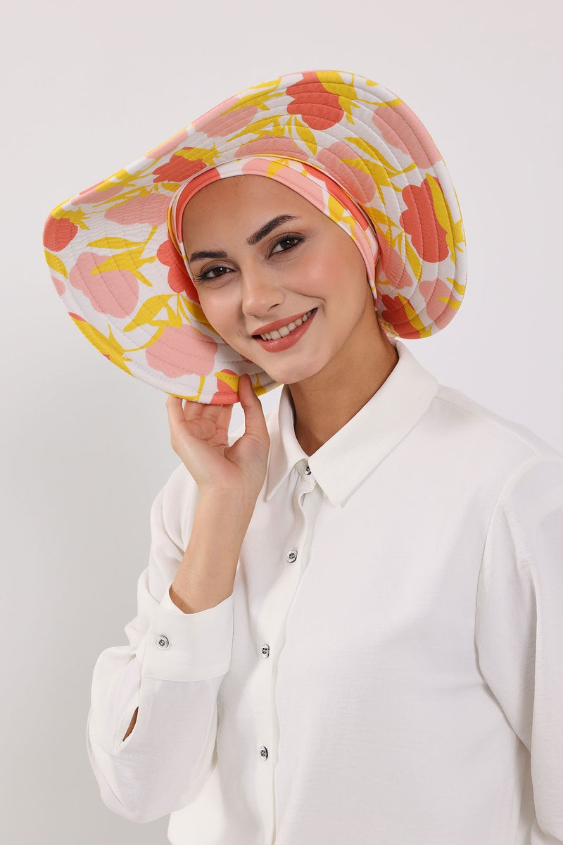 Printed Modest Sun Protective Turban Bonnet with Removable Bow Brim for Women, 2-in-1 Hijab Hat with Removable Brim with Patterns,S-4YD