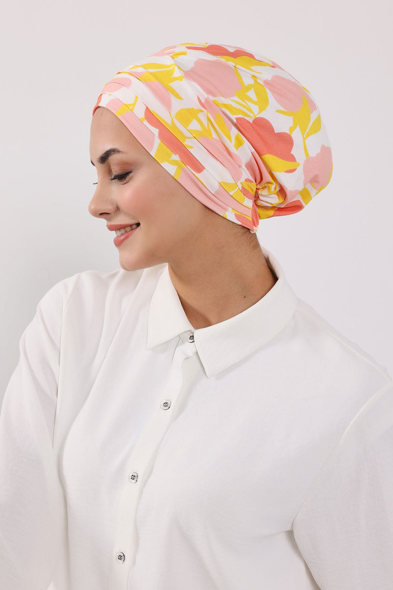 Printed Modest Sun Protective Turban Bonnet with Removable Bow Brim for Women, 2-in-1 Hijab Hat with Removable Brim with Patterns,S-4YD