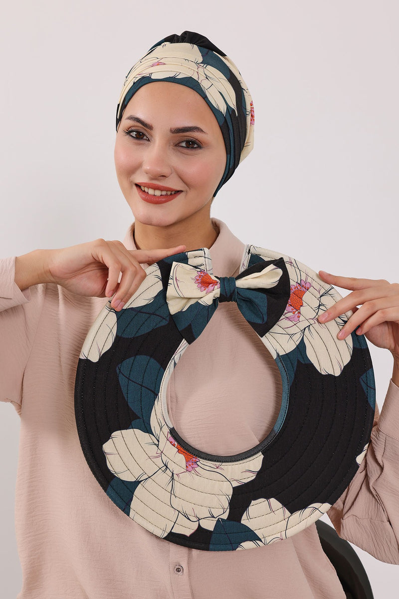 Printed Modest Sun Protective Turban Bonnet with Removable Bow Brim for Women, 2-in-1 Hijab Hat with Removable Brim with Patterns,S-4YD