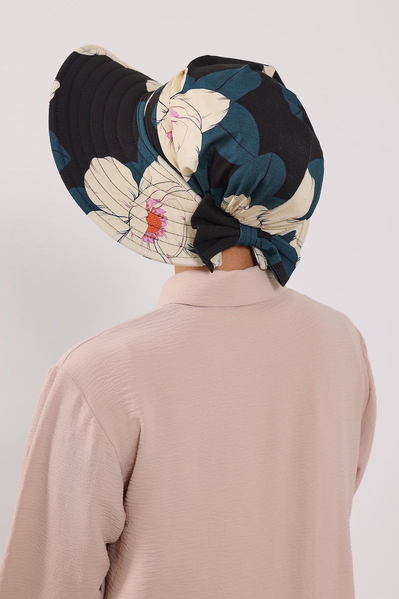 Printed Modest Sun Protective Turban Bonnet with Removable Bow Brim for Women, 2-in-1 Hijab Hat with Removable Brim with Patterns,S-4YD