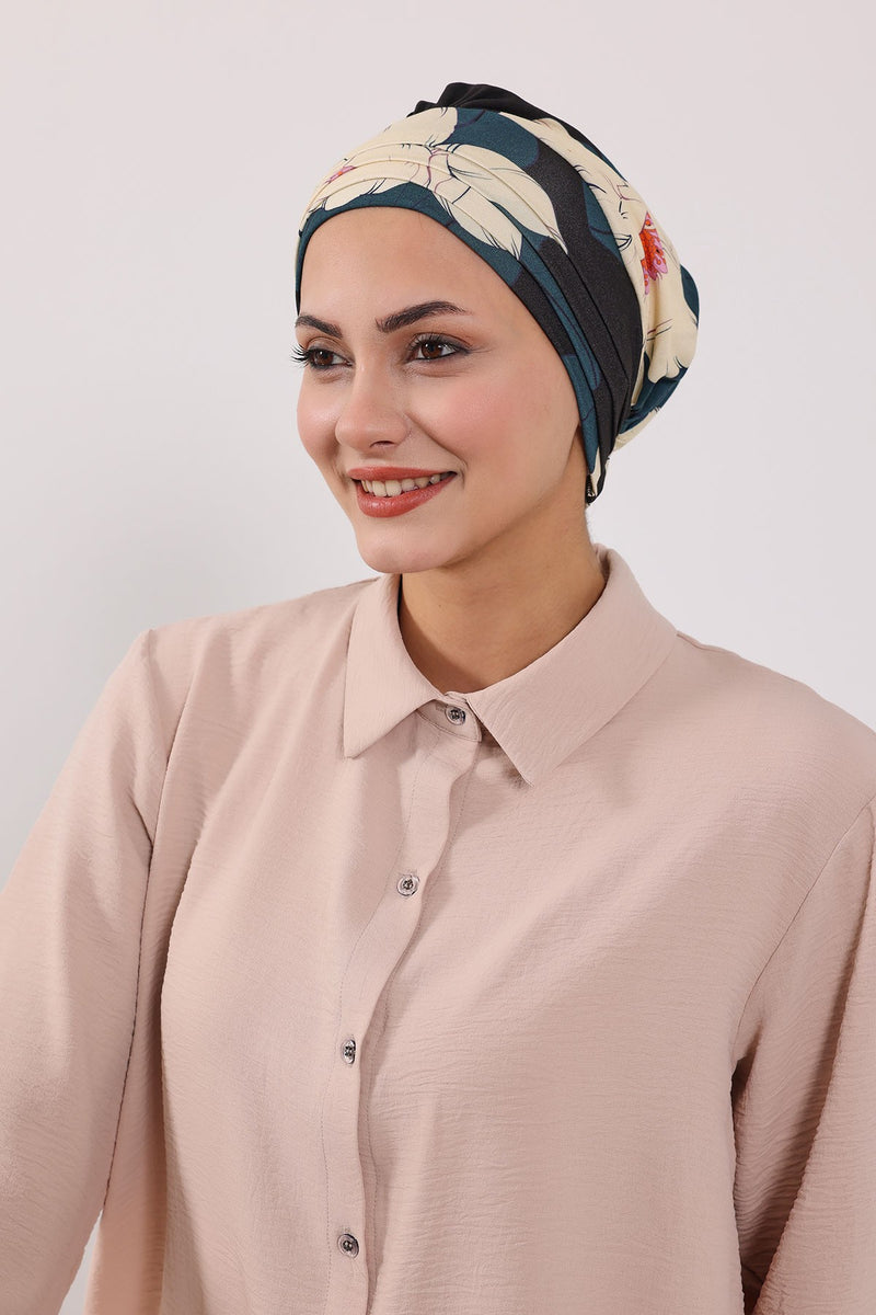 Printed Modest Sun Protective Turban Bonnet with Removable Bow Brim for Women, 2-in-1 Hijab Hat with Removable Brim with Patterns,S-4YD