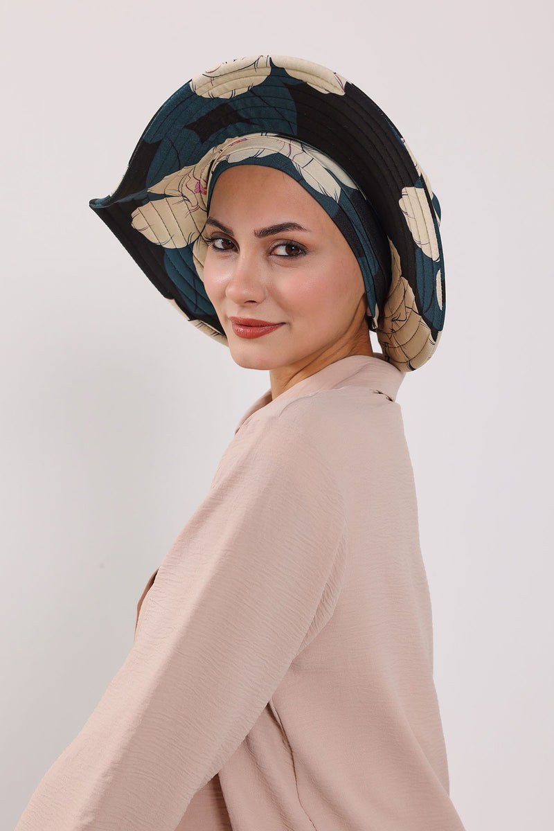 Printed Modest Sun Protective Turban Bonnet with Removable Bow Brim for Women, 2-in-1 Hijab Hat with Removable Brim with Patterns,S-4YD