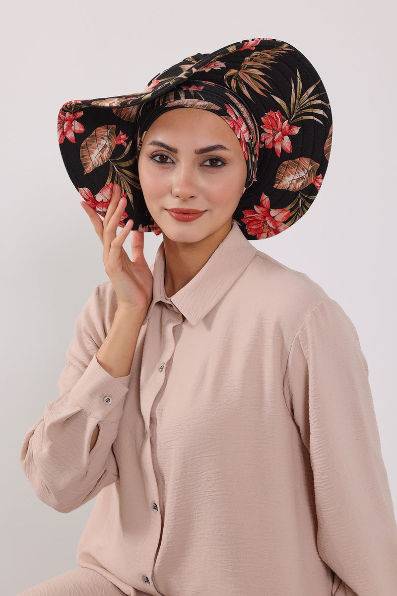 Printed Modest Sun Protective Turban Bonnet with Removable Bow Brim for Women, 2-in-1 Hijab Hat with Removable Brim with Patterns,S-4YD