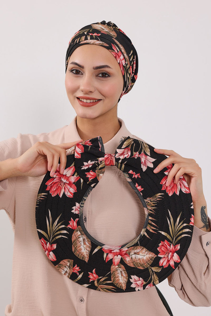 Printed Modest Sun Protective Turban Bonnet with Removable Bow Brim for Women, 2-in-1 Hijab Hat with Removable Brim with Patterns,S-4YD