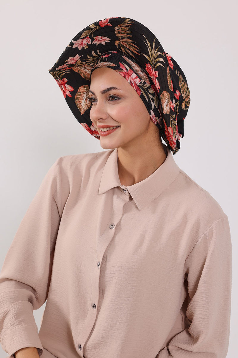 Printed Modest Sun Protective Turban Bonnet with Removable Bow Brim for Women, 2-in-1 Hijab Hat with Removable Brim with Patterns,S-4YD