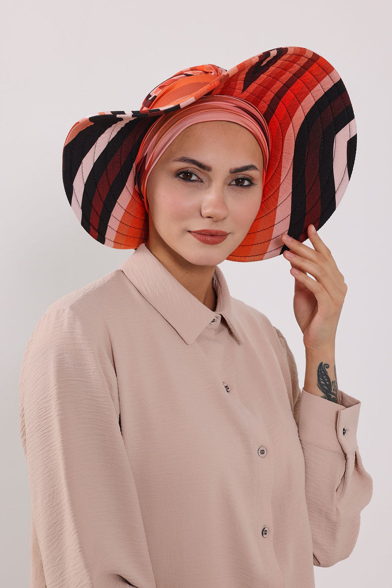 Printed Modest Sun Protective Turban Bonnet with Removable Bow Brim for Women, 2-in-1 Hijab Hat with Removable Brim with Patterns,S-4YD