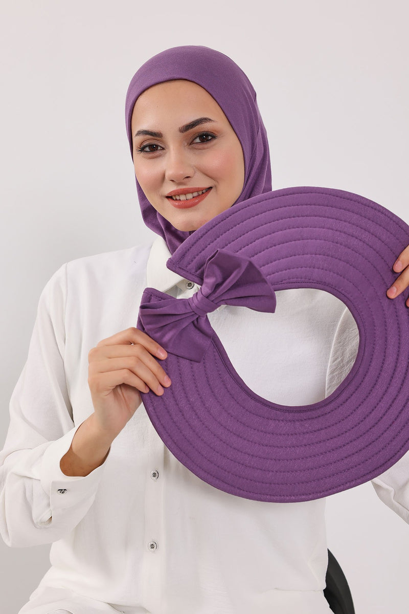 Modest Sun Protective Turban Bonnet with Removable Bow Brim for Women, 2-in-1 Hijab Ninja Cap with Removable Brim,S-5