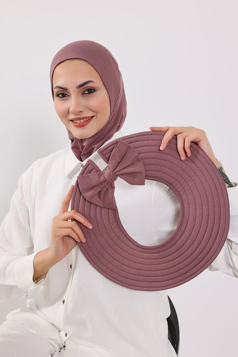 Modest Sun Protective Turban Bonnet with Removable Bow Brim for Women, 2-in-1 Hijab Ninja Cap with Removable Brim,S-5