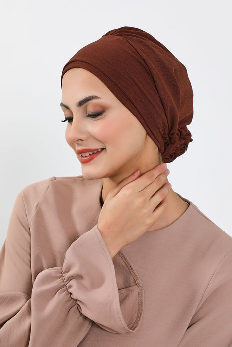 Pre-Tied Aerobin Turban Bonnet Cap with Rose Figure at the Back Side, Lightweight Instant Turban Bonnet, Velvet Chemo Headwear,B-53A