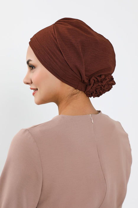 Pre-Tied Aerobin Turban Bonnet Cap with Rose Figure at the Back Side, Lightweight Instant Turban Bonnet, Velvet Chemo Headwear,B-53A