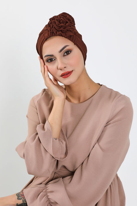 Pre-Tied Aerobin Turban Bonnet Cap with Rose Figure at the Back Side, Lightweight Instant Turban Bonnet, Velvet Chemo Headwear,B-53A