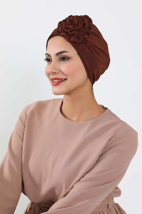 Pre-Tied Aerobin Turban Bonnet Cap with Rose Figure at the Back Side, Lightweight Instant Turban Bonnet, Velvet Chemo Headwear,B-53A